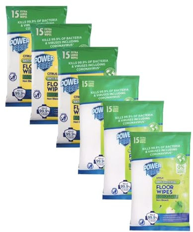Pōwer Force | 15 Extra Large 3× Citrus & 3× Apple Anti-bacterial Floor Wipes | Biodegradeable | Non Bleach | 15 Wipes Each [SIX PACK]