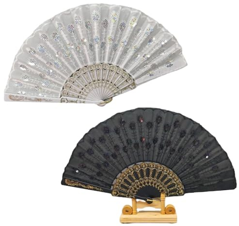 Pack of 2 Peacock Pattern Sequin Fabric Hand Fans Black and White Lace Folding Fans Lace Hand Fans for DIY Parties Weddings Decoration，Music Party Drag Queene Dance Performance Decoration Gift