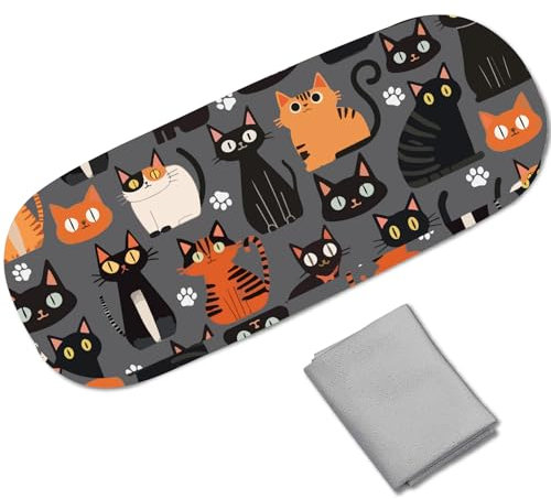 CREATCABIN Estuche Rígido de Cuero para Gafas, Estuche para Gafas de Sol, Estuche Portátil de Viaje con Diseño de Gato de Dibujos Animados, Funda Protectora con Tapa Tipo Concha, Paño de Limpieza para