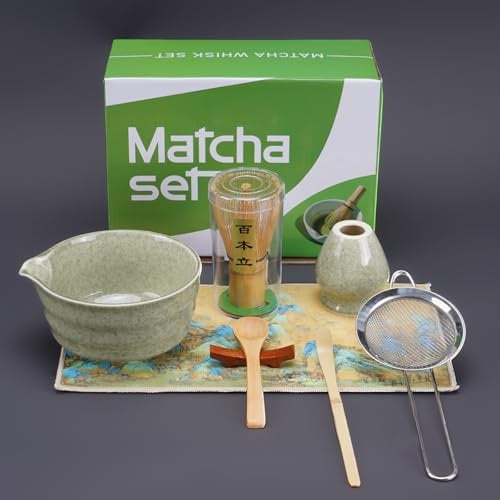 HMAZAE Matcha Whisk Set, 8pcs Matcha Set Ceremonial Grade Matcha Kit Includes Bowl with Spout/Whisk Holder/Bamboo Whisk/Bamboo Scoop/Spoon/Sifter, Gift for Macha Lovers to Enjoy Making Tea