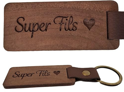 Super Fils - Porte-clés en Bois de Noyer, Cuir et Laiton Gravé - Cadeau Fils Noël Anniversaire, Porte clef Jeune Permis