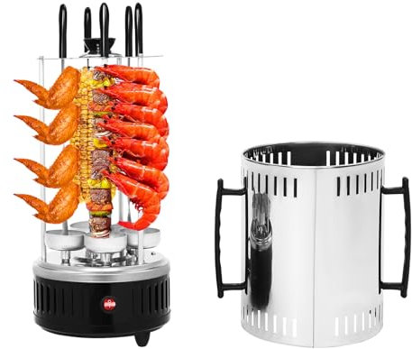 5-Spieße Elektrogrill Rotierend 1000W | Profi Dönergrill mit Edelstahl 304 & Rauchfrei-Technologie | Automatische Rotation für Kebab, Gyros, Hähnchen |Spülmaschinengeeignet | Inkl. Fettauffangschalen