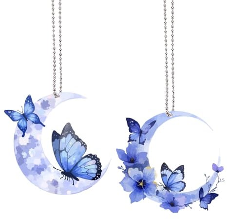 CREATCABIN 2 Stück Schmetterlings Hängezubehör Mond Rückspiegel Zubehör Rückspiegel Charms Anhänger Dekoration Auto Innenraum Weihnachtsbaumschmuck Für Männer Frauen Geschenk(Blau) 7.6x8cm/7.5x8cm