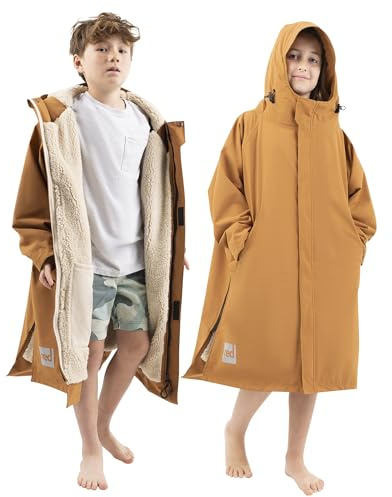 Red Original Unisex Kids Waterproof Dry Pro Changing Robe - Windproof, Warm, Lightweight, Sherpa Fleece Lined, 100% Recycled Material (Caramel, XS - 5-8 Years)