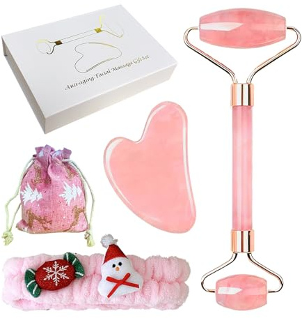 Gua Sha Stein Set,Gua Sha Stein,Gesichtsroller, Kordelzugbeutel,Stirnband,Gesichtsroller Massagewerkzeug für Augenschwellungen Hautstraffung Face Massager (Rosa-4)