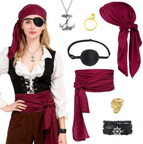 HUKUMA Piratenkostüm Damen Zubehör, Piraten Kostüm Frauen, Pirate Accessories mit Piratin Kopftuch Piratenschmuck Augenklappe Ohrringe Halskette, für Halloween Karneval Fasching