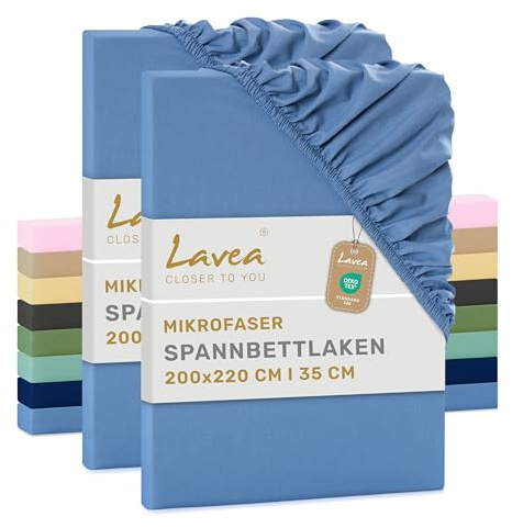 Lavea® 2er Set Spannbettlaken 200x220 cm - Himmelblau | Mikrofaser, Bettlaken mit Rundumgummi, für Matratzen bis 35 cm, atmungsaktiv und kühlend, pflegeleicht, Spannbetttücher