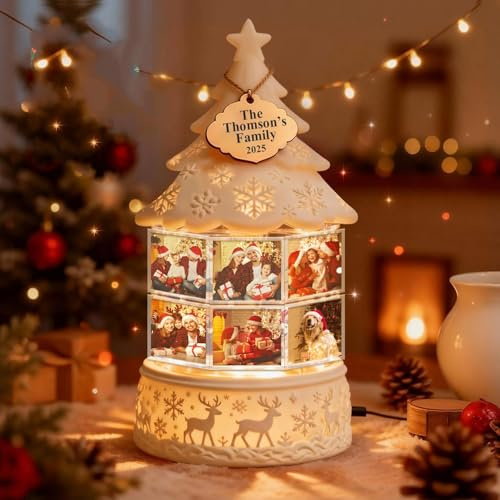 SOUFEEL Personalisierte Valentinstag Geschenke für Ihn Sie Fotogeschenke Deko Lampe Drehbare Led Nachtlicht Spieluhr Lustige Bilderrahmen mit Bild Foto Geschenk für Männer Frauen Paare Familie
