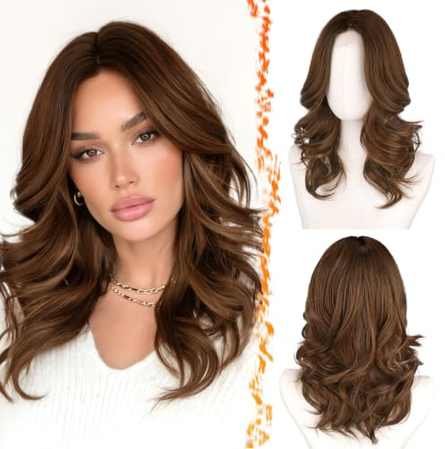 BARSDAR Kurze Gewellte Braun Ombre Perücke, Schulter Lange Braun Perücken für Frauen Kurze Lockere Wellen Layered Perücke mit Face-Framing Curtain Pony Weiche Synthetik Natürlich Aussehend Party