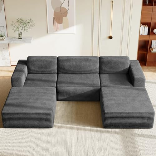 Vesgantti 303cm Oversized U-Shaped Modular Sectional Sofa, Corduroy, Grey | Boneless Sofa, Pocket Springs & 35D High-Density Foam, 2 Movable Ottomans, Deep Seats, Flexible Layout, For Living Rooms