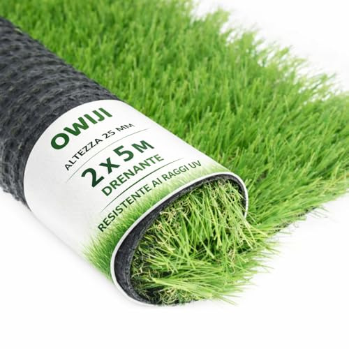 OWIJI Erba Sintetica per Esterno Prato 25 mm 2 x 5 MT Tappeto Verde Alta Densità Rotolo Pavimento Giardino Artificiale Manto Sintetico Resistente Terrazzi Giardini Piscine Erbetta