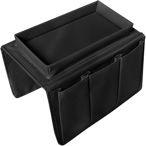 FAINCA Sofa Arm Tray with 4 Bags 31×19×3.5cm Sofa Arm Table Foldable Black | Armchair Tray Organiser Non-Slip Waterproof Armchair Caddy for Drinks Phone TV Remote Control Magazine Book Snacks Glasses