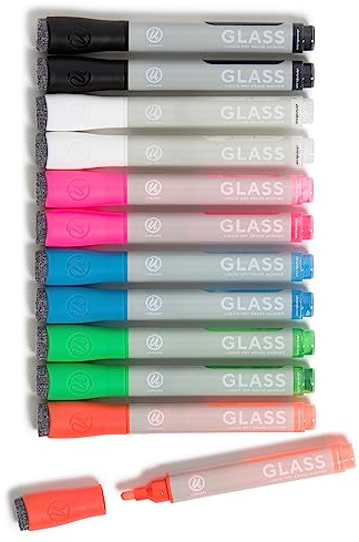 U Brands Bold Tip Liquid Glass Whiteboard Markers with Eraser for Glass Boards, Dry Erase Boards, and Chalk Boards, Assorted Bright Colors, Set of 12