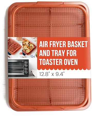 Chef Pomodoro Air Fryer Basket for Oven 12.8 x12.4, 2-Piece Set Air Fryer Pans for Toaster Oven with Air Fryer Option, Rectangle Oil-Free Crisper Tray for Oven, Dishwasher Safe