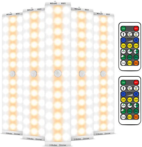 Motion Sensor Light Indoor, BLS Battery Lights with Remote Control, Upgraded 38 LEDs 1500mAh Wardrobe Lights Dimmable & Timing, USB Rechargeable Light 3 Colours Under Cabinet Kitchen Lights, 5 Packs