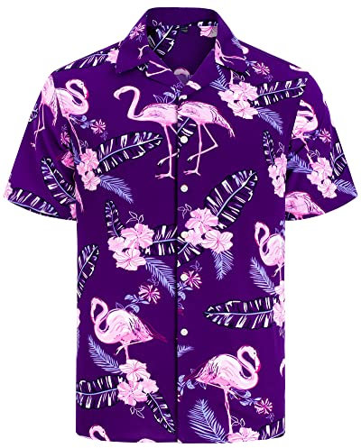 J.VER Hawaiihemd Männer Funky Blumen Flamingo Kurzarmhemd Freizeit Regular Fit Hemden für Urlaub Surfer Urlaub Party Lila Flamingo L