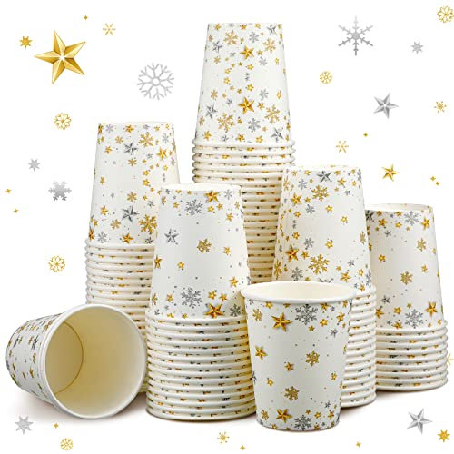 100 Pcs 9 oz Christmas Disposable Cups Christmas Paper Cups Gold Coffee Cups Hot Chocolate Cocoa Cup Christmas Party Supplies Gold Elk Snowflake Christmas Cups for Party Holiday Dinner (Star)