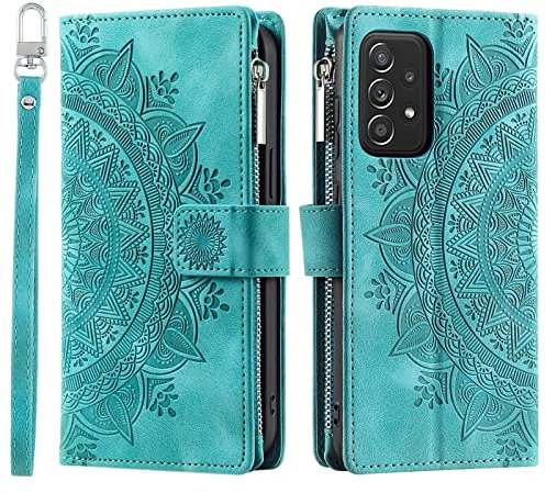 VEEMOS Handyhülle für Samsung Galaxy A52 / A52 5G / A52S 5G hülle Klappbar Blumen Handytasche Schutzhülle Klapphülle mit Kartenfach Handy Tasche Book Cover Flip Case Ständer - Grün