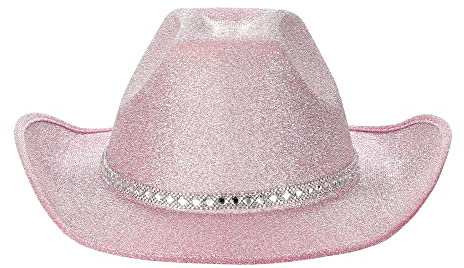 Qtinghua Weiß/Rosa Cowboyhut für Frauen Flauschiger Federbesatz Halloween Kostüm Cowgirl Hut für Cosplay Verkleidung Party Rollenspiel Geburtstagsfeier (Glitzer Cowboyhut Strass Rosa, Einheitsgröße)