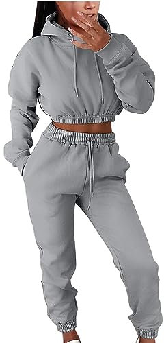 EMATOP Damen Tracksuit Kuschelig Sportanzug Zweiteiler Sport Outfit Elegant Langarm Sweatshirt und Lange Hose Jogginganzug Casual Einfarbig Hoodie Kapuzenpullover und Sweathose Freizeitanzug