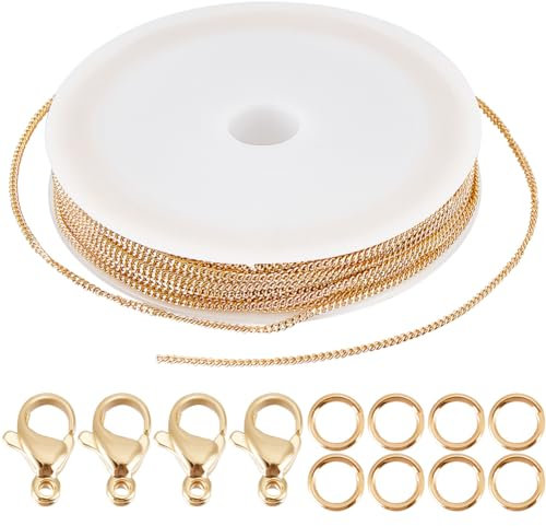 Beebeecraft 1 Box 32.8 Fuß (10M) Gelötete Messingpanzerketten 18K Vergoldetes Messing 2mm Ovale Klobige Gliederkette Mit 20Karabinerverschlüssen Und 50 Biegeringen Für Die Schmuckherstellung