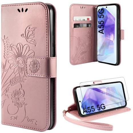ivencase Handyhülle für Samsung Galaxy A55 5G Hülle mit 1 Stück Hartglas Schutzfolie, Flip Lederhülle Tasche Case Magnet Kartenfach Schutzhülle für Samsung Galaxy A55 - Roségold