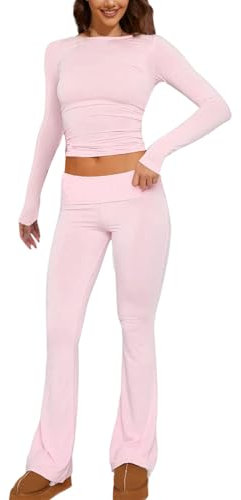 Pdakieyxnd Sport Outfit Damen Set - 2-Teiliges Lounge-Set Für Damen, 2 Piece Lounge Sets Yoga Set Damen Jog-Ger Anzug Langarm Crop Top Damen Yoga Anzug Lounge Sweatsuits Set(03 Pink,L)
