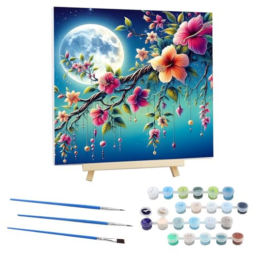 EOBROMD Peinture par Numéros pour Adulte Fleurs, DIY Peinture Acrylique pour Adultes Débutants avec Cadre en Bois et Chevalet, Lune Peinture Acrylique Peinture Sans Plis Toile 30x30cm