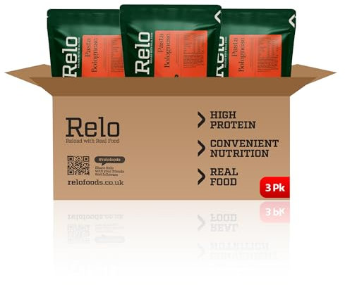 Relo Pasta Bolognese | 350g Ready-to-Eat Survival Food Pouches | Camping Food Pouches with High-Protein (34g), High-Fibre, Low-Fat, Low-Sugar, Low-Cal, Low-Carb, Keto-Friendly (3 Pack)
