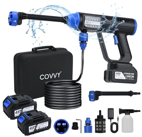 Akku-Hochdruckreiniger, COVVY 725PSI tragbarer Hochdruckreiniger mit 2-Batterie, Schaumgenerator, 10m Schlauch, Schlauchanschluss, Filter, 6-in-1 Düse, Jet Washer für Auto, Gartenreinigung (schwarz)