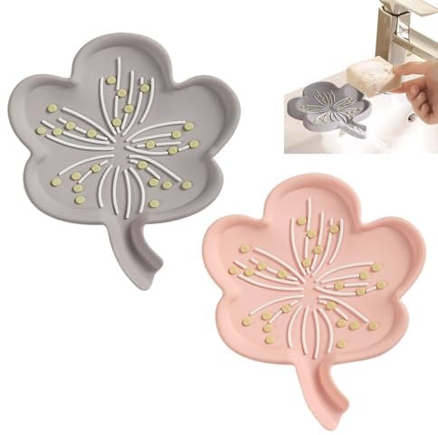 Silicone Soap Dish with Drainage, Flower Shape Self Draining Soap Holder, Anti-Slip Countertop Soap Saver Tray for Shower Bathroom Kitchen, 2 PCS