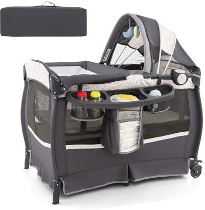 DREAMADE Lit Parapluie Bébé avec Matelas,4 en 1 Lit de Voyage 102x73x80CM Tout-Petites 0-3Ans avec Roues Verrouillables,Auvent Réglable,Poche,Porte-Couches,Sac de Transport (Gris+Fleur d'amour)