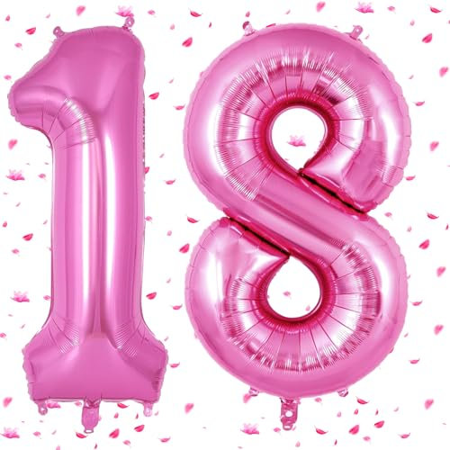 Rosa Pink Luftballon 18,Zahlen Luftballons rosa pink,40 Zoll Folienballon 18,101cm Rosa Pink Zahlenballon 18 Helium Ballon 18th Geburtstag für Geburtstagsdeko Kinder Mädchen Junge