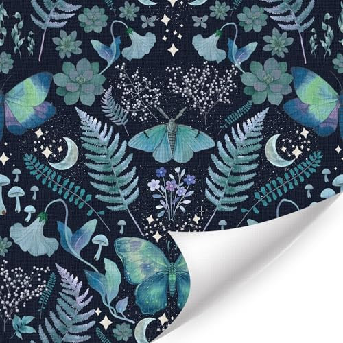 HPNIUB Wasserfarben Schmetterlinge Mond Sterne Floral Türkis Tapete Lavendel Lila Botanik Selbstklebend Abziehbare Boho Blumen Deko für Badezimmer Schlafzimmer Kinderzimmer Deko(44x300cm)