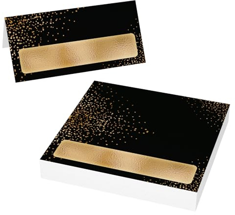Lot de 50 marque-places vierges de table pliables noirs et dorés, pour anniversaire, fête, universel