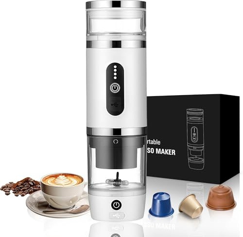 Umisu Kaffeemaschine, tragbar, 3-in-1, mit Milchaufschäumer, Espressomaschine mit Kapseln 20 Bar und gemahlenem Kaffee, für Büro, Auto, Camping, Wandern, Reisen, Weihnachten, Geburtstag, Weiß