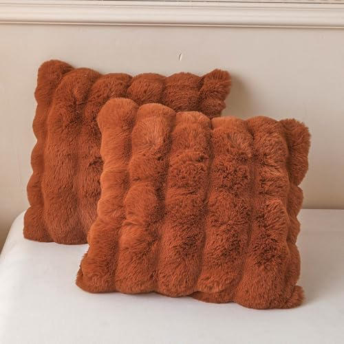 LIFEREVO 2 Pieces Fluffy Faux Rabbit Fur Throw Cushion Covers, Luxury Plush Shaggy 50x50cm Bubble Square Pillow Cases with Zipper, Decorative Fuzzy Pillow Shams for Bed Couch Sofa Chair, Burnt Orange