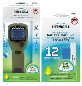 THERMACELL Diffuseur Anti Moustiques Portable Nomade - 15m² - 24h - Vert | Répulsif - Effet Rapide, Inodore - 2 Cartouches Gaz + 6 Plaquettes - THNATNOMVERECH12
