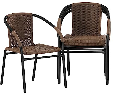 Flash Furniture Lila Modern Rattan Indoor/Outdoor Stackable Dining Chairs, Stacking Rattan Bistro Chairs for Patio or Restaurant, Set of 4, Brown