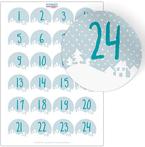 Adventskalender-Zahlen Aufkleber 1 bis 24 / Weihnachts Landschaft/Etiketten/Sticker/Weihnachtskalender/Advent/Rund/DIY/zum Aufkleben