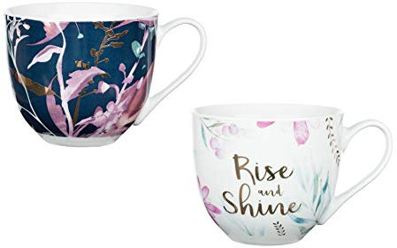 Invero Set of 2 Large 12oz (340ml) Printed Coloured Stoneware Mugs Cups Ideal for Hot Drinks, Afternoon Tea, Coffee, Latte, Hot Chocolate and More