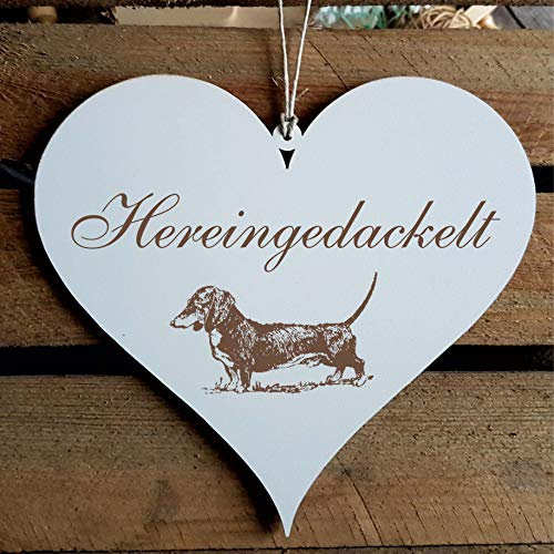 Schild Herz HEREINGEDACKELT 13 x 12 cm - mit Dackel Motiv - Türschild Dekoschild Willkommen