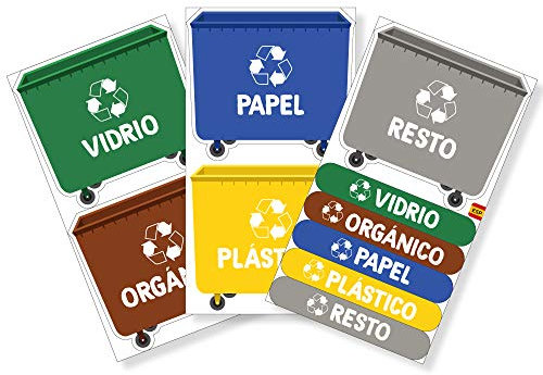 5 etiquetas adhesivas reciclaje basura. Pegatinas para la gestión de residuos. Cada una de 9'4 x 8'4 cm. Modelo (XL)