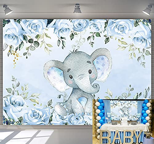 BINQOO Niedlicher Baby-Elefanten-Hintergrund für Babyparty, blaues Blumenmuster, „It's a Boy“ für Neugeborene, Kinder-Party, Fotografie-Hintergrund für Kleinkinder, Jungen, Kindergeburtstag
