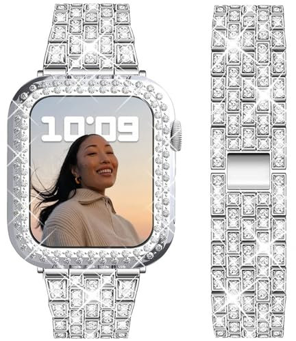 DEALELE Cinturino Compatibile con iWatch 40mm 41mm, Bracciale di Ricambio in Metallo Diamanti Strass con Custodia Protettiva per Apple Watch Series 7 / SE / 6/5 / 4 Donne Uomini, Argento, 40mm