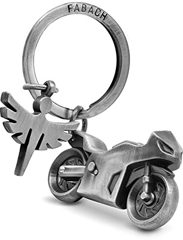 FABACH Porte-clés Moto Avec Ange Gardien - Cadeau Pour Motocycliste - Porte-bonheur Pour Conduite Prudente, Argent Antique, Taille Unique