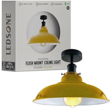 LEDSone Industrial Vintage Semi Unterputz Deckenbeleuchtung Deckenlampe Metall Schüssel Form Downlight Rot Lampenschirm Wohnzimmer Innen Dekoration E27 Sockel (Gelb)