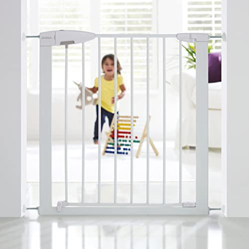 Munchkin Lindam Valla de Seguridad Infantil, Barrera de Escalera para Bebés y Niños Pequeños, Valla de Montaje Fácil sin Tornillos, Puerta de Seguridad para Bebé, Valla Metálica, 73-79 cm, Blanco