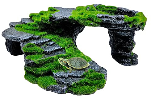 M2cbridge Reptile Hide Resting Step Ledge Cave Hideout Turtle Basking Platform – Great for Reptiles, Amphibians, and Fish (Moss Step Ledge B)