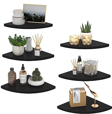 HORLIMER Black Corner Shelf for Wall Set of 6, Rustic Wooden Floating Corner Shelves for Kitchen Bedroom, Living Room, Bathroom